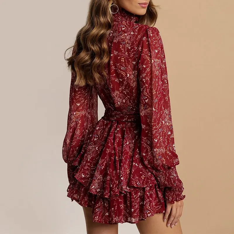 Spring Vintage Perspective Floral Print Dress Women Long Sleeve Chiffon A Line Mini Dress Vestidos nowadaysfashion