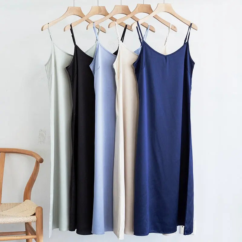 Women'S Dress Summer Spaghetti Satin Long Party Dresses For New Year 2022 Midi Robe Plus Size nowadaysfashion