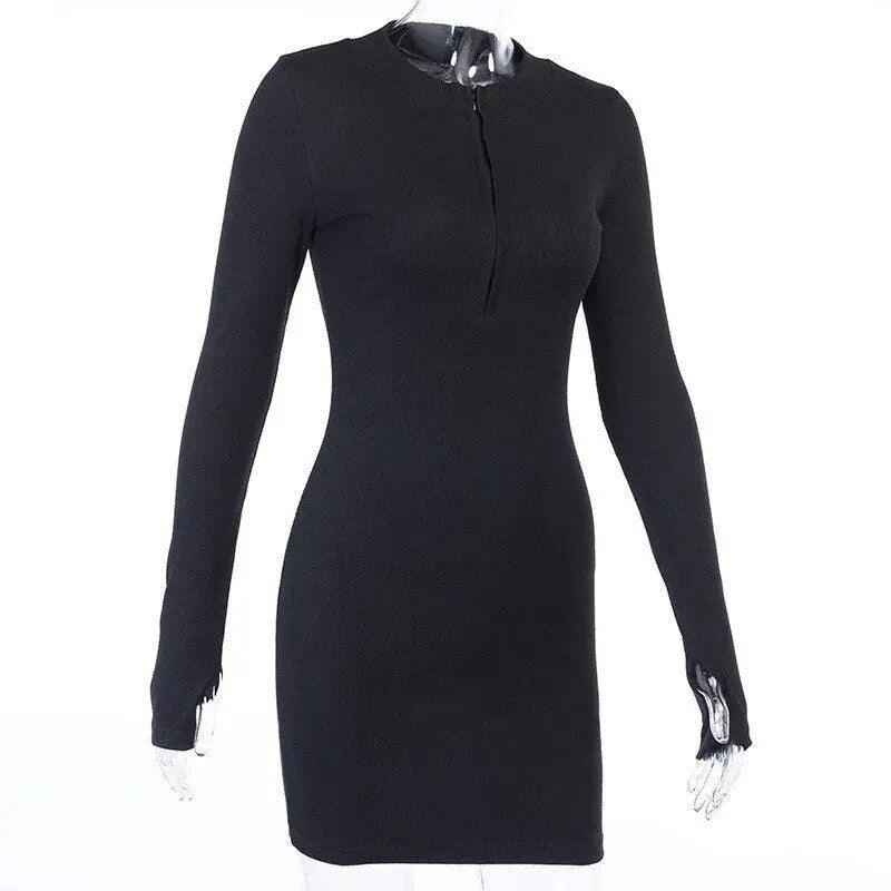 Bodycon Ribbed Dress Stand Collar Zipper Deep V-neck Solid Stretch Mini Vestido nowadaysfashion