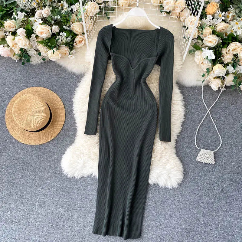 Strapless Ribbed Knitted Bodycon Dress Women Winter Long Sleeve Midi Sweater Dress nowadaysfashion