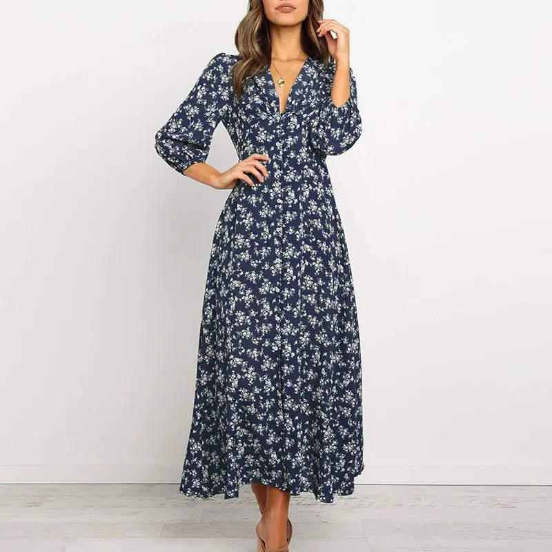 Women Chiffon Long Dress Floral Print Lantern Sleeve A-line Maxi Vestidos Vintage V Neck Dresses nowadaysfashion