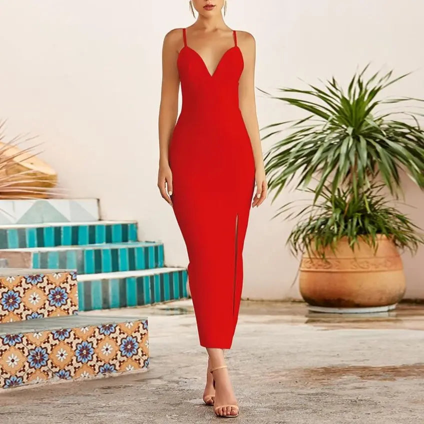 Summer Women White Bodycon Bandage Long Dresses Sexy V Neck Spaghetti Strap Evening nowadaysfashion