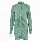 Autumn Ruched Long Sleeve Bodycon Dress Women Turn-Down Collar Sexy Mini Dress Vestidos 2022 nowadaysfashion