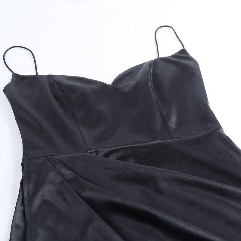 Satin Spaghetti Straps Low Cut Long Dress Women Summer Ruched Side High Split Maxi Dress nowadaysfashion
