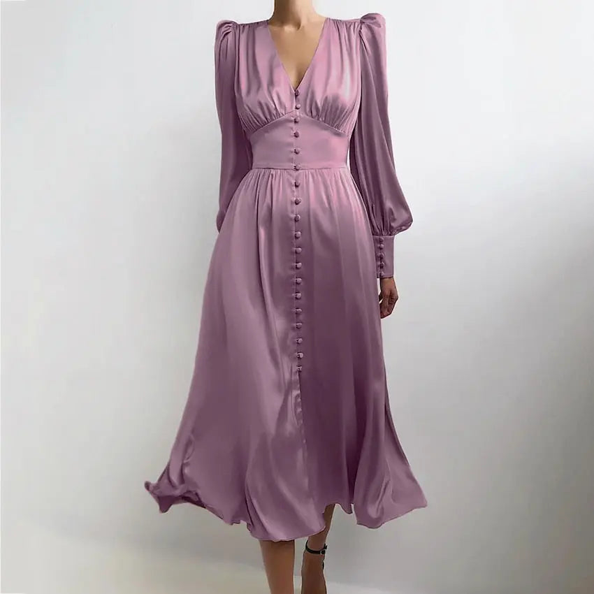 Single Breasted Dress High Waist Satin Long Dress V Neck Women Midi Dresses Lantern Sleeve nowadaysfashion