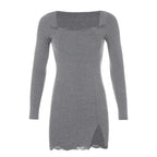 Square Neck Lace Patchwork Bodycon Black Dress Women Cotton Side Split Autumn Dress nowadaysfashion