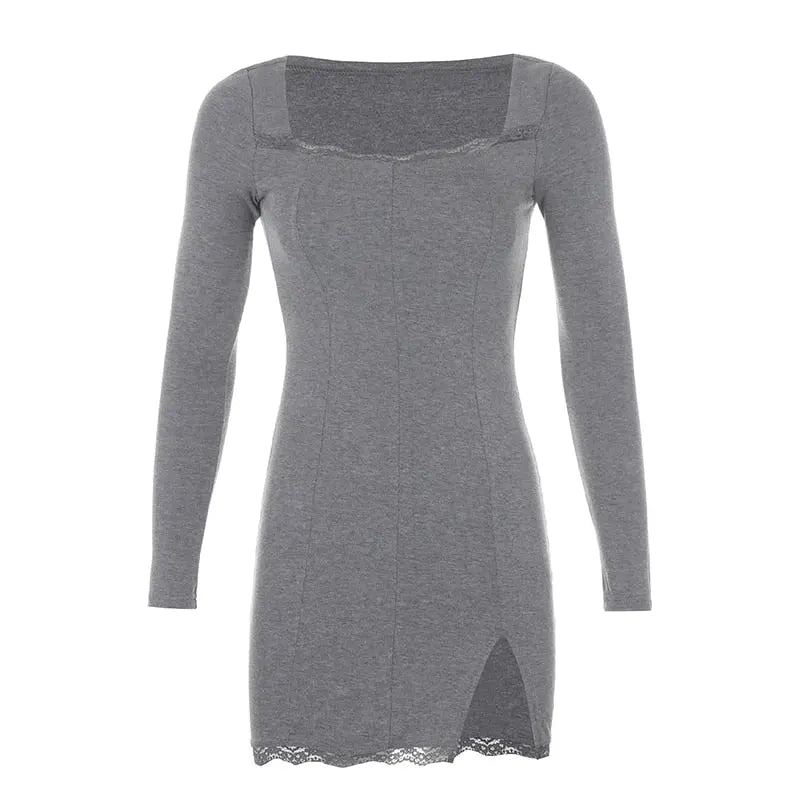 Square Neck Lace Patchwork Bodycon Black Dress Women Cotton Side Split Autumn Dress nowadaysfashion