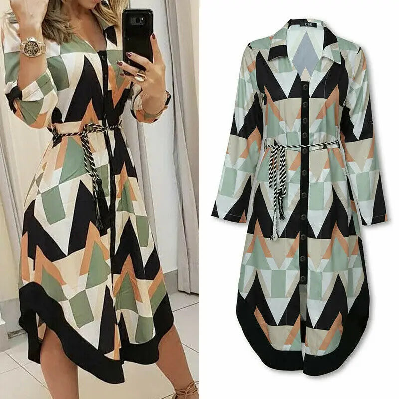 Spring Summer Lady Cover Up Women's Shirt Dress Wave Print Long Sleeve V-Neck Casual Dress Plus Size nowadaysfashion