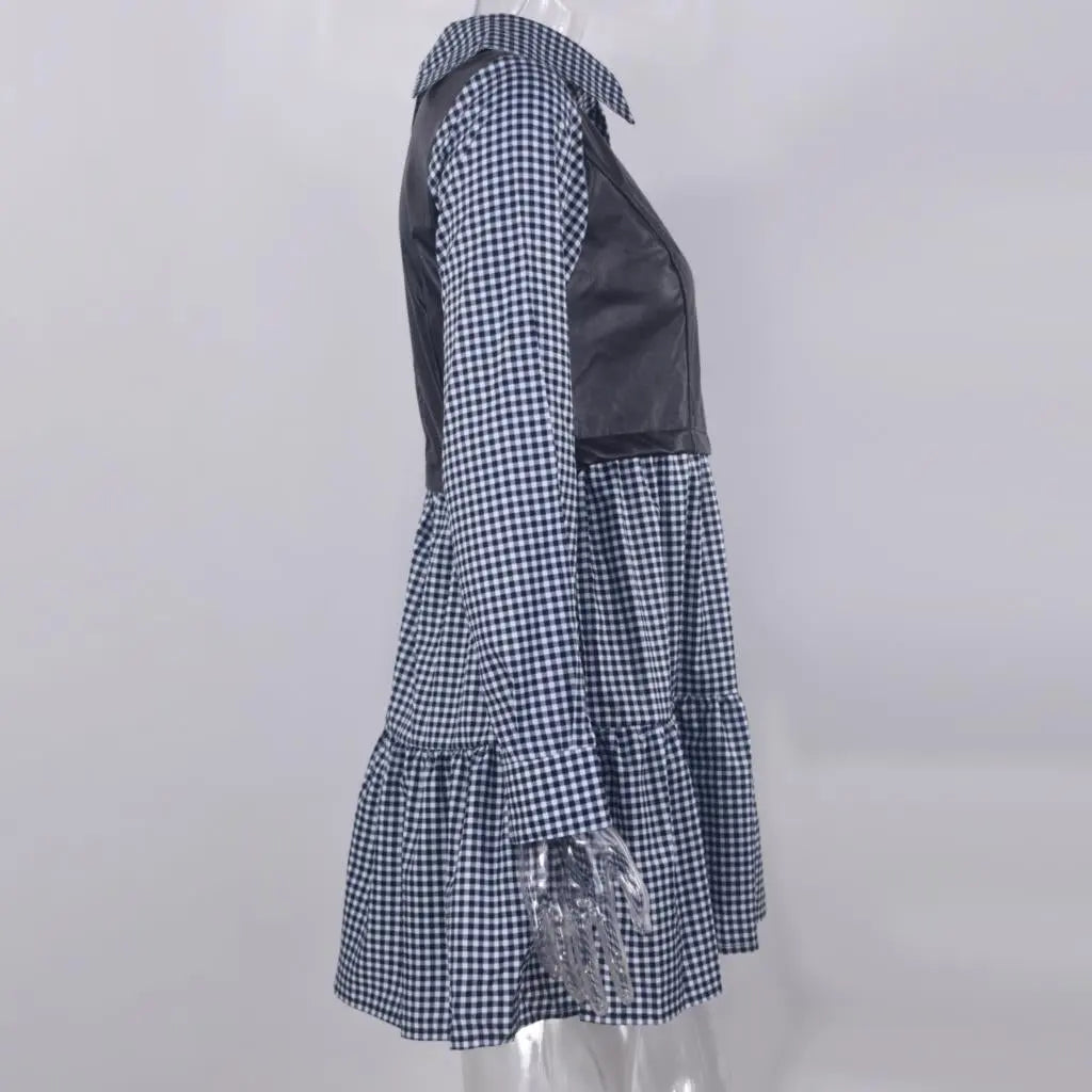 Long Sleeve Mini Shirt Dress For Women White 2022 Spring PU Leather Patchwork Plaid Dresses nowadaysfashion