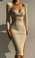 2022 Knitted Green Midi Sexy Bodycon Women Dress Spring Long Sleeve Off Shoulder Split Sweater Dresses nowadaysfashion