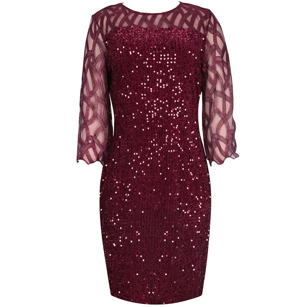 Elegant Sequin Evening Party Dresses 2022 Spring Mesh Patchwork Casual Midi Dress nowadaysfashion