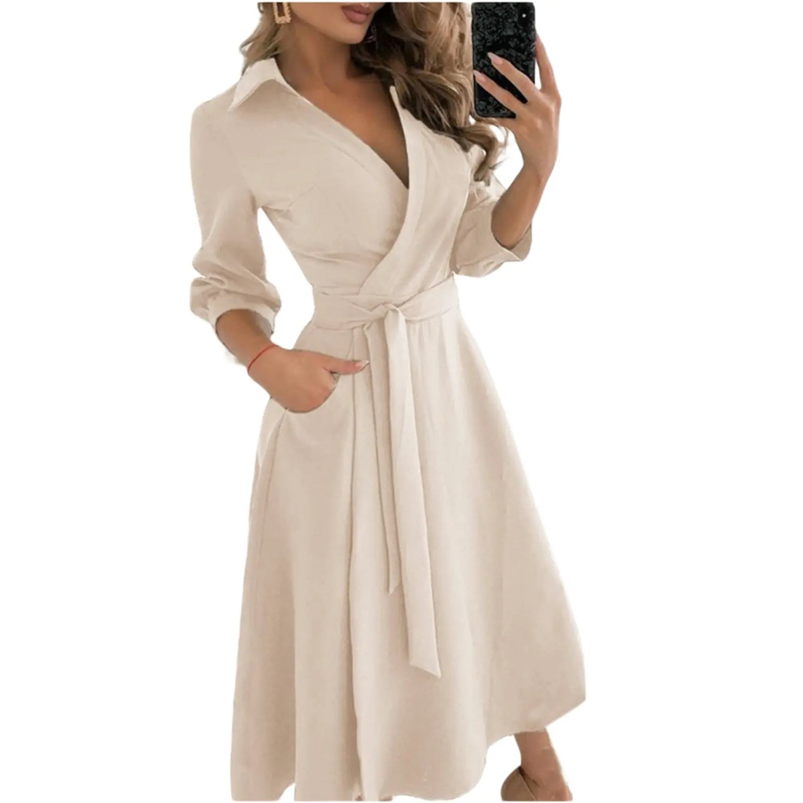 Spring Summer Lady Cover Up Women's Shirt Dress Wave Print Long Sleeve V-Neck Casual Dress Plus Size nowadaysfashion