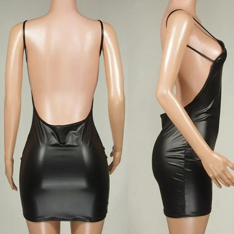 Sexy Faux Leather Dress Backless Short Dress Solid Black Look Latex Bodycon Push Up Bra Mini Micro Dress nowadaysfashion
