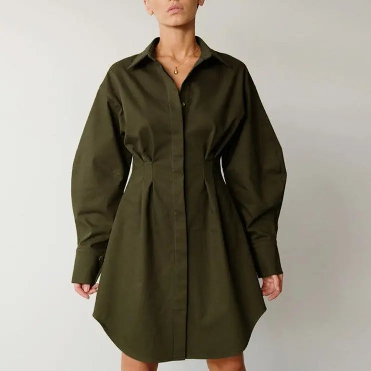 Autumn Winter Bodycon Dress Women Long Sleeve Khaki Pleated Shirt Midi Dresss nowadaysfashion