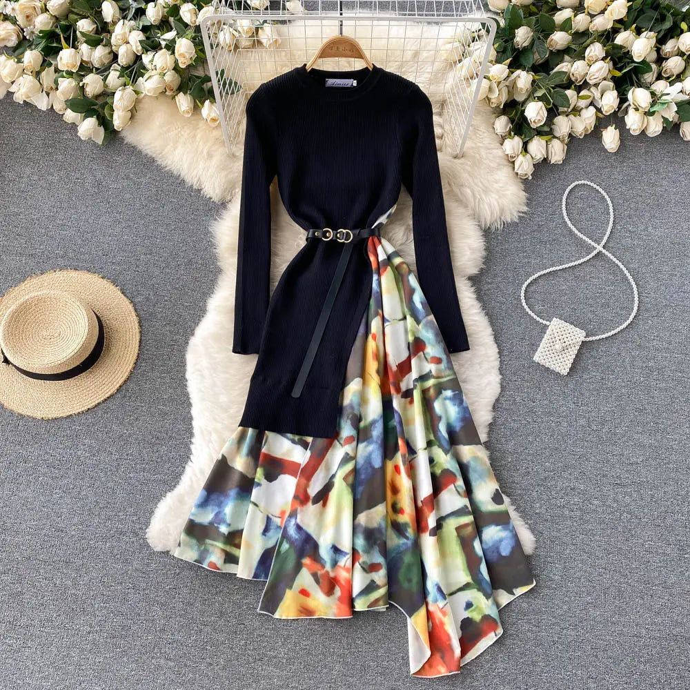 Knitted Patchwork Gradient Print Pleated Dress Long Sleeve Office One-Piece Sweater Dress With Belt nowadaysfashion