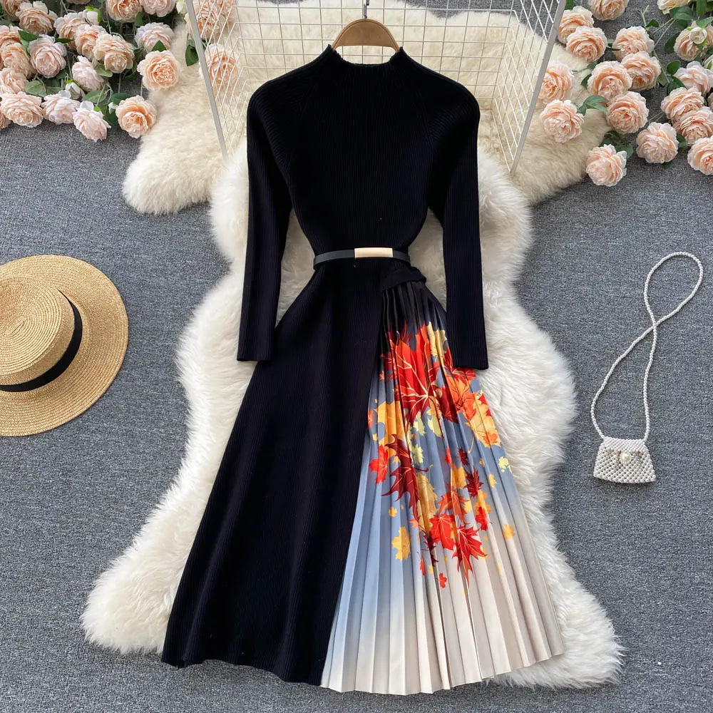 Knitted Patchwork Gradient Print Pleated Dress Long Sleeve Office One-Piece Sweater Dress With Belt nowadaysfashion