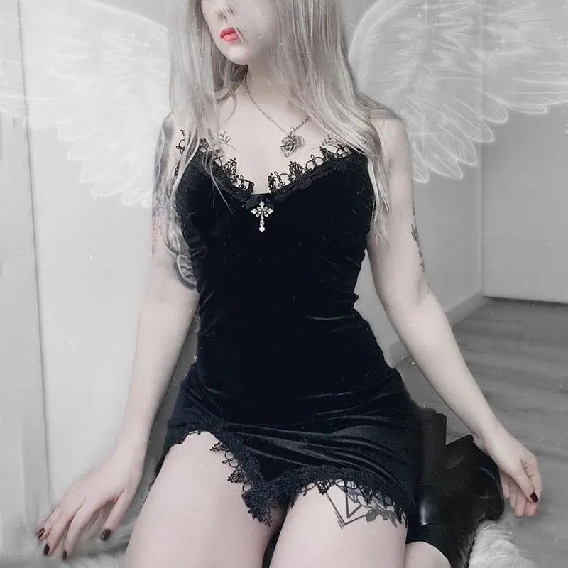 Gothic Dark Cross Black Mini Dress Vintage Sexy Spaghetti Strap High Waist Slit Dresses nowadaysfashion