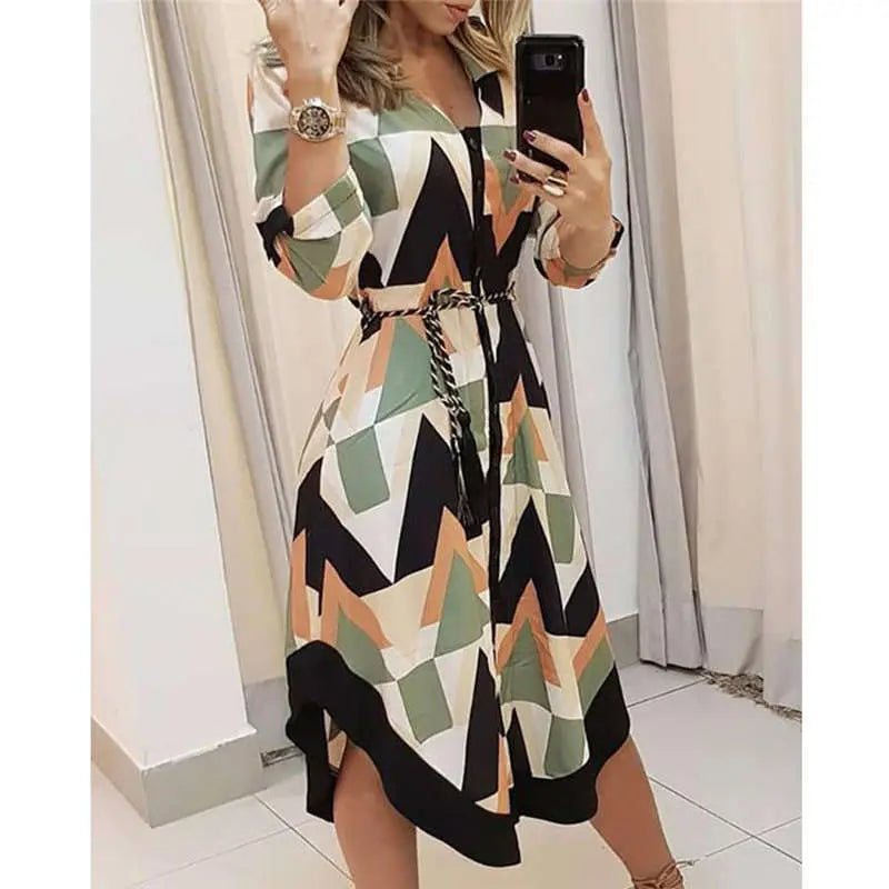 Spring Summer Lady Cover Up Women's Shirt Dress Wave Print Long Sleeve V-Neck Casual Dress Plus Size nowadaysfashion