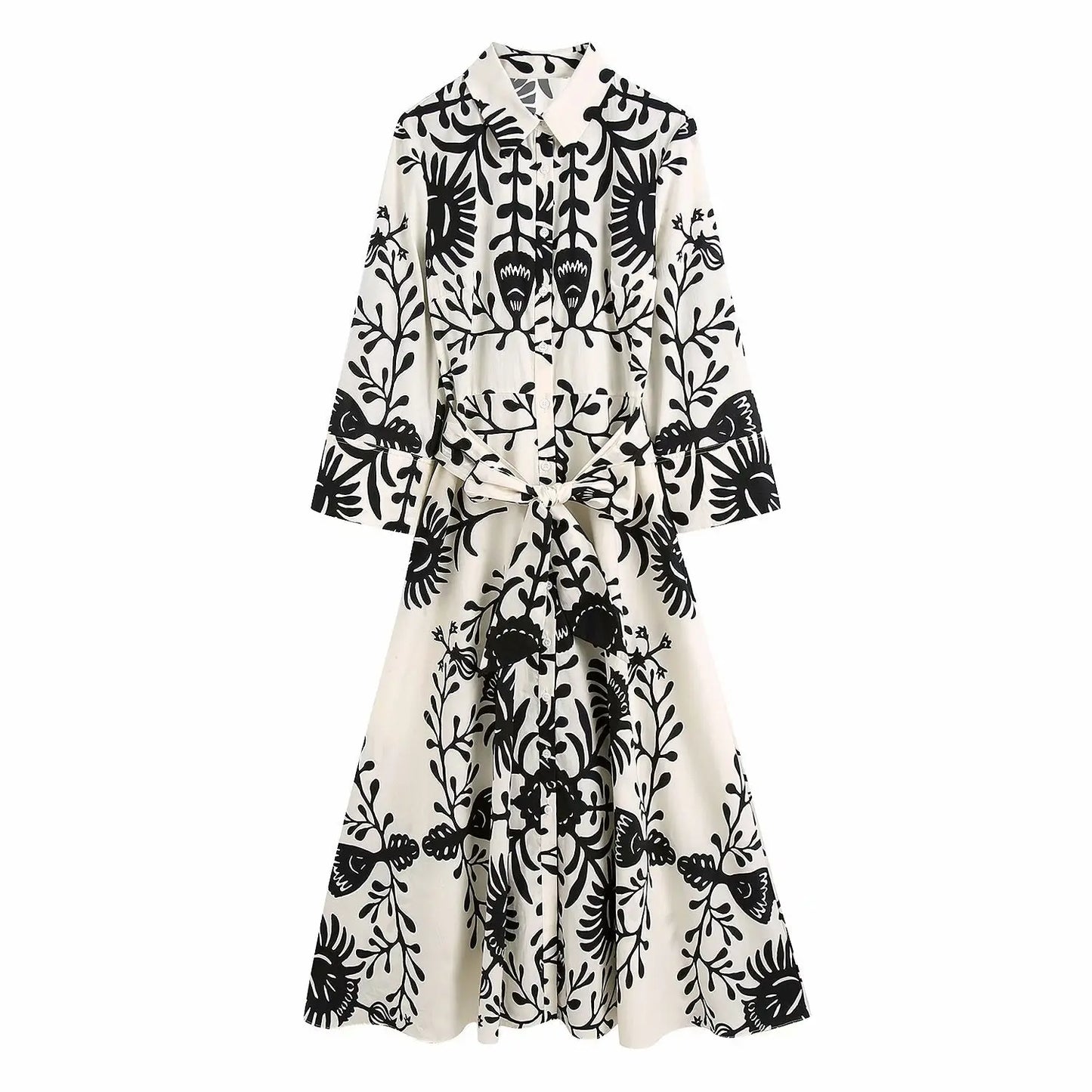 Women Vintage Totem Floral Print Bow Sashes Midi Shirt Dress Female Three Quarter Sleeve Slim Vestidos nowadaysfashion