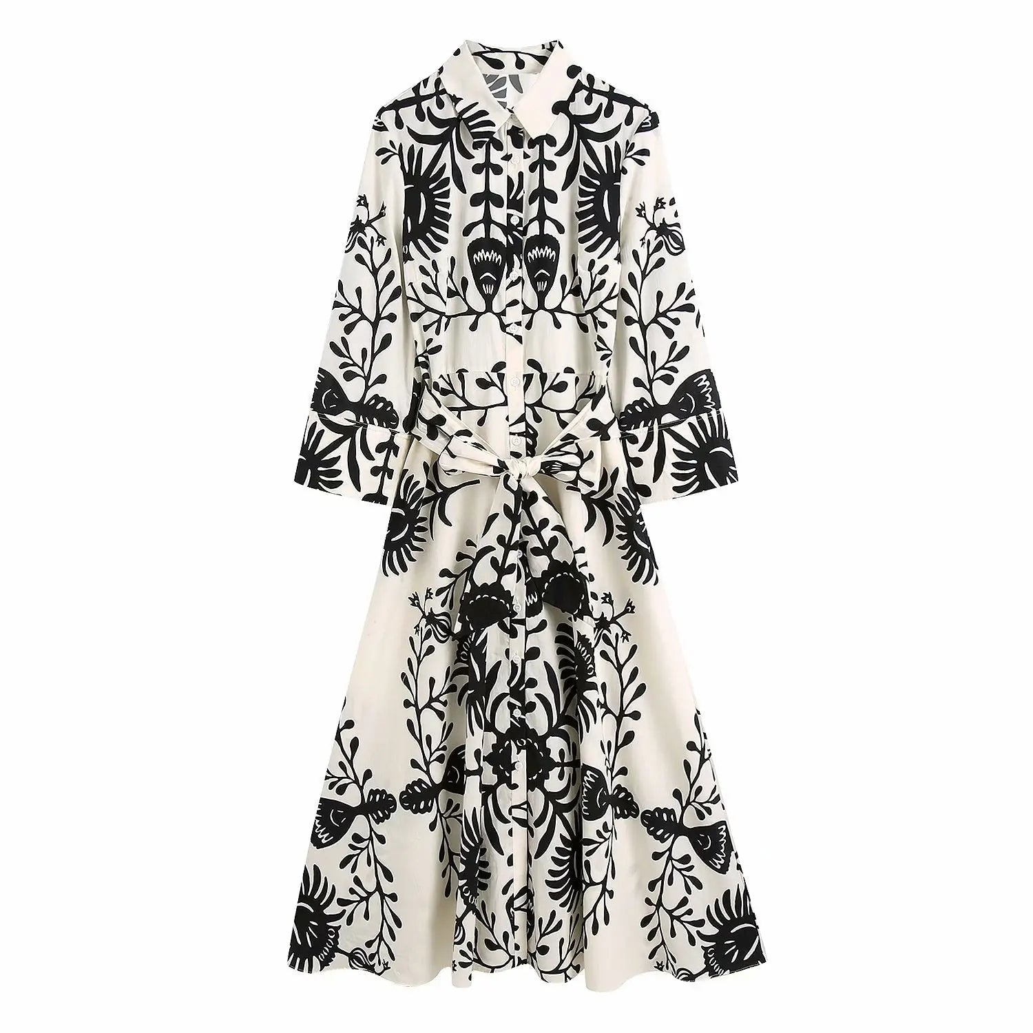 Women Vintage Totem Floral Print Bow Sashes Midi Shirt Dress Female Three Quarter Sleeve Slim Vestidos nowadaysfashion