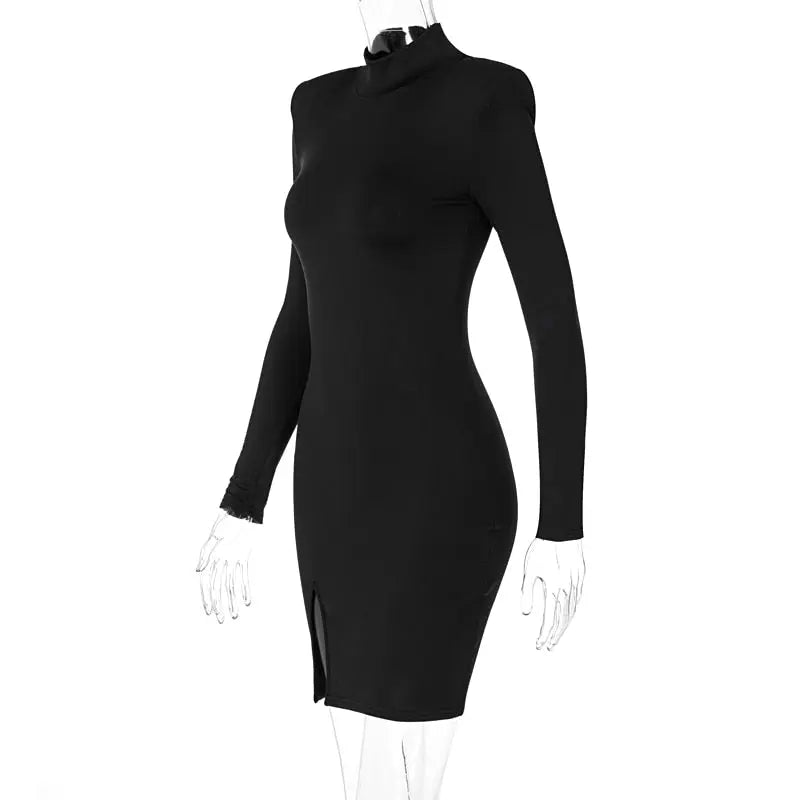 Women Spring Autumn Long Sleeve Bodycon Soild Color Black Slim Package Hip Mini Dress nowadaysfashion