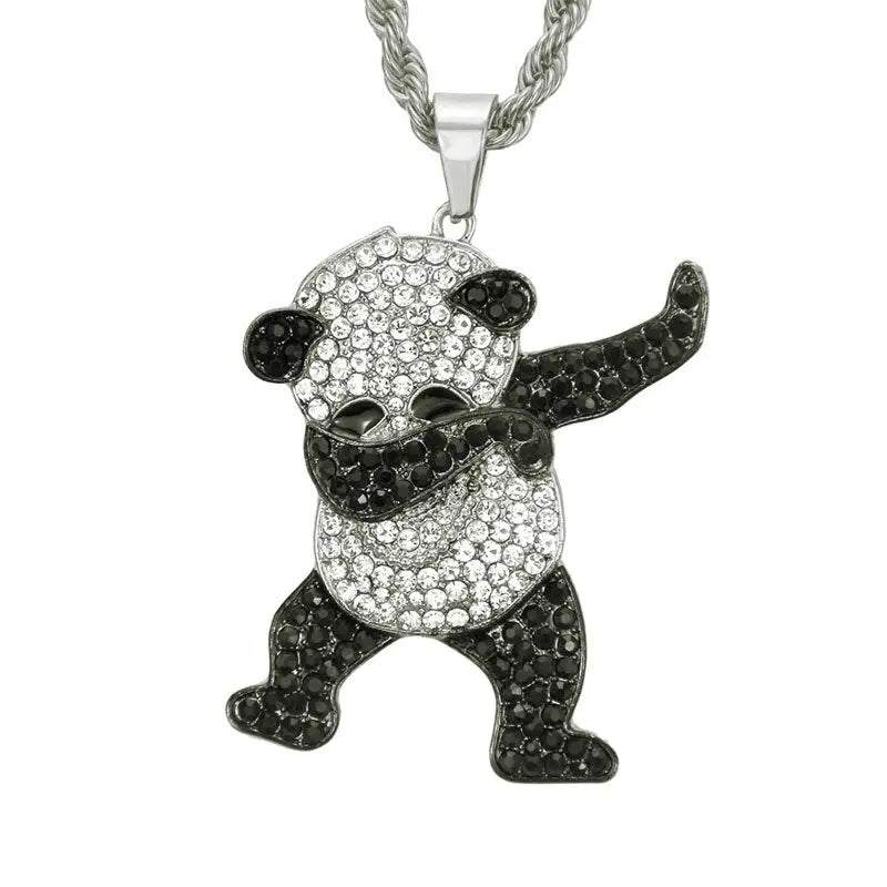 Rhinestone Luxury Hip Hop Dancing Animal Panda Pendant Iced out Rock Hip Hop Necklaces nowadaysfashion