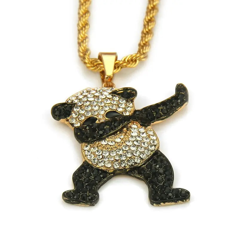 Rhinestone Luxury Hip Hop Dancing Animal Panda Pendant Iced out Rock Hip Hop Necklaces nowadaysfashion
