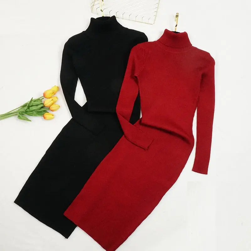 Women Knitted Dress Turtleneck Sweater Dresses Bodycon Long Sleeve Bottoming Dress Vestidos nowadaysfashion