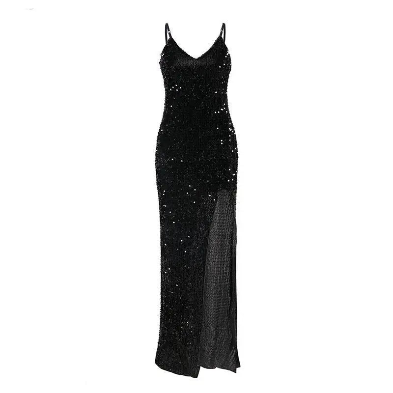 Sexy v-neck sequined long dress women summer black Spaghetti strap split dresses vestido female nowadaysfashion