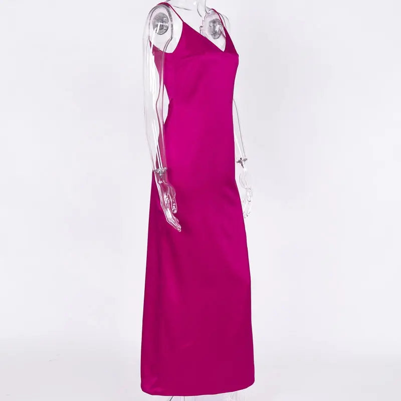 Satin V Neck Maxi Dress Women Spaghetti Strap Sleeveless Backless Side Split Long Dresses Lady Vestido nowadaysfashion
