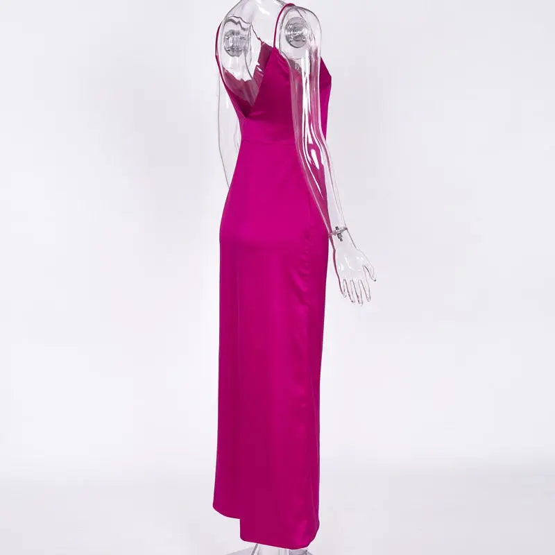 Satin V Neck Maxi Dress Women Spaghetti Strap Sleeveless Backless Side Split Long Dresses Lady Vestido nowadaysfashion