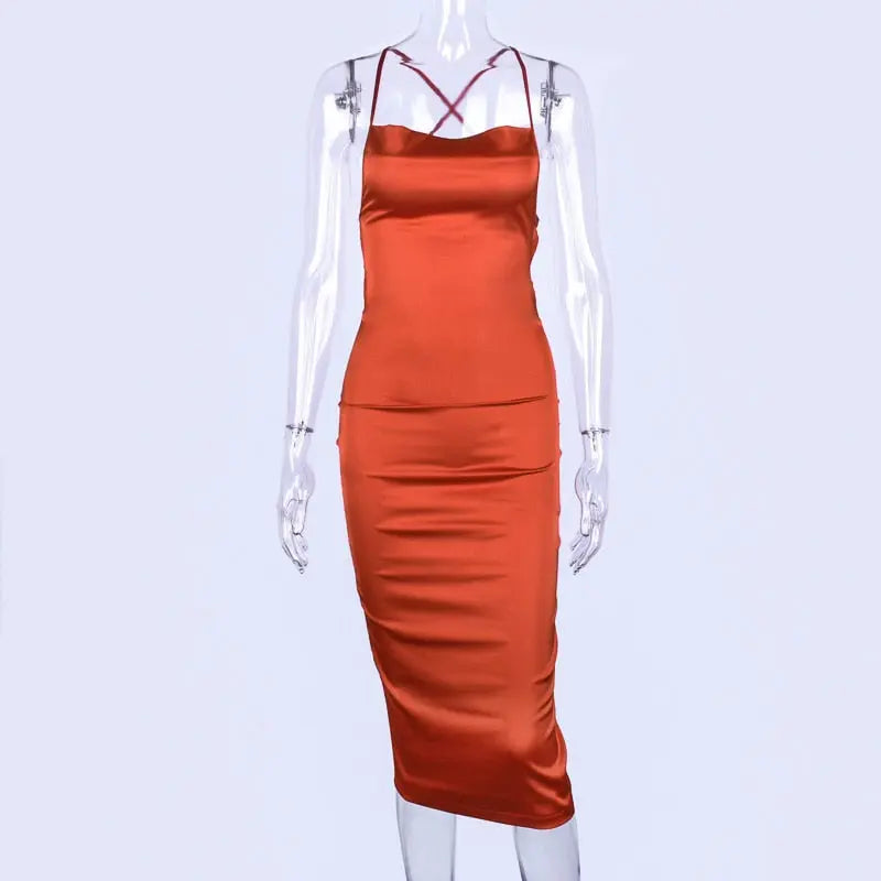 neon satin lace up 2022 summer women bodycon long midi dress sleeveless backless elegant party nowadaysfashion