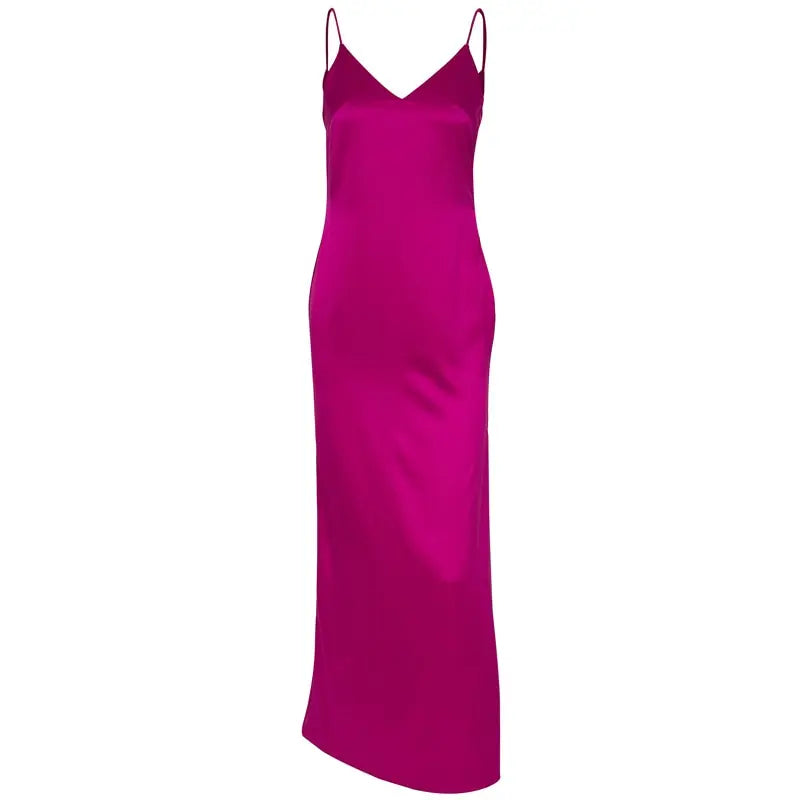 Satin V Neck Maxi Dress Women Spaghetti Strap Sleeveless Backless Side Split Long Dresses Lady Vestido nowadaysfashion