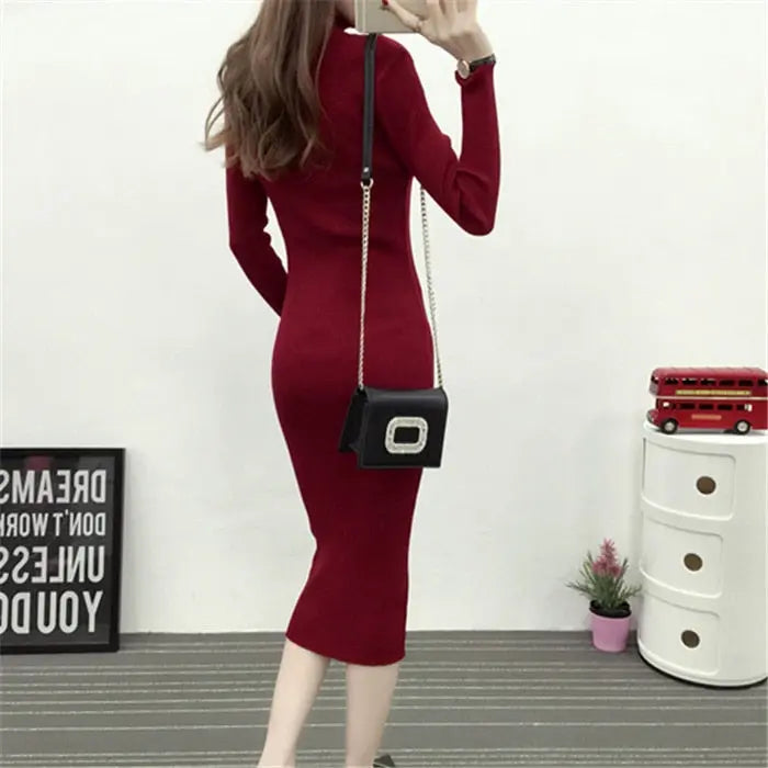 Women Knitted Dress Turtleneck Sweater Dresses Bodycon Long Sleeve Bottoming Dress Vestidos nowadaysfashion