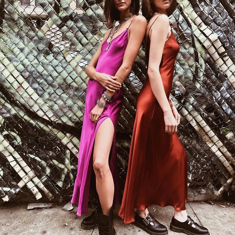 Satin V Neck Maxi Dress Women Spaghetti Strap Sleeveless Backless Side Split Long Dresses Lady Vestido nowadaysfashion