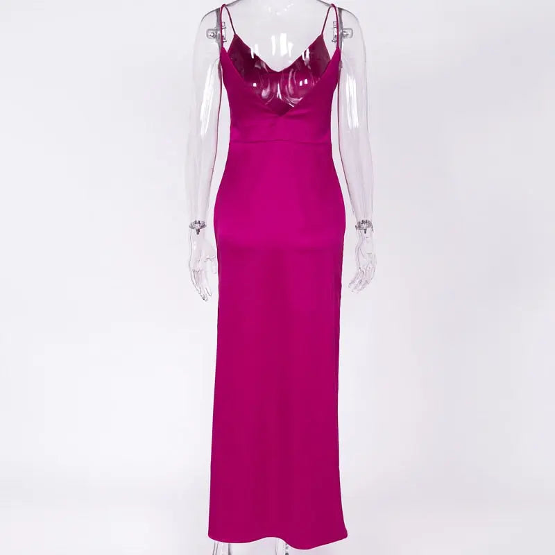 Satin V Neck Maxi Dress Women Spaghetti Strap Sleeveless Backless Side Split Long Dresses Lady Vestido nowadaysfashion