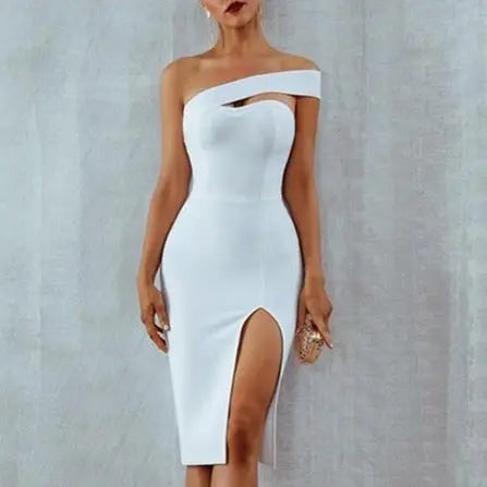 Bodycon Bandage Dress Women 2022 Summer Sexy Elegant Black One Shoulder Strapless Celebrity Runway Party Dress nowadaysfashion
