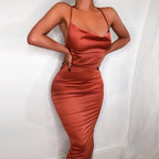 neon satin lace up 2022 summer women bodycon long midi dress sleeveless backless elegant party nowadaysfashion