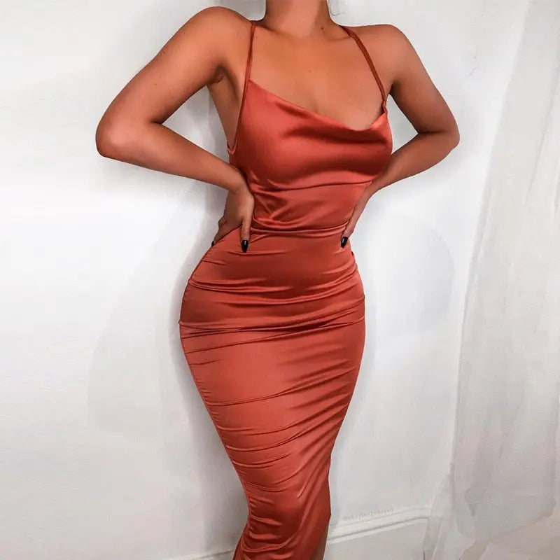 neon satin lace up 2022 summer women bodycon long midi dress sleeveless backless elegant party nowadaysfashion