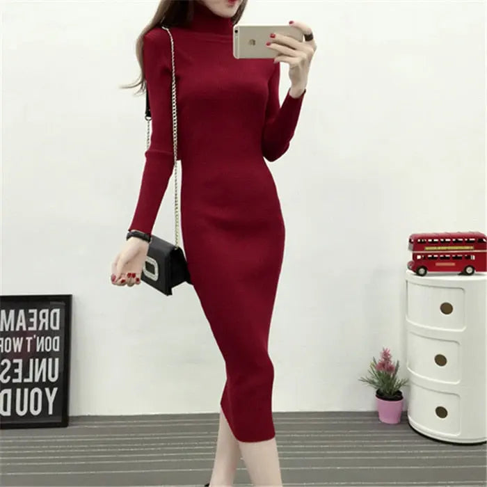 Women Knitted Dress Turtleneck Sweater Dresses Bodycon Long Sleeve Bottoming Dress Vestidos nowadaysfashion