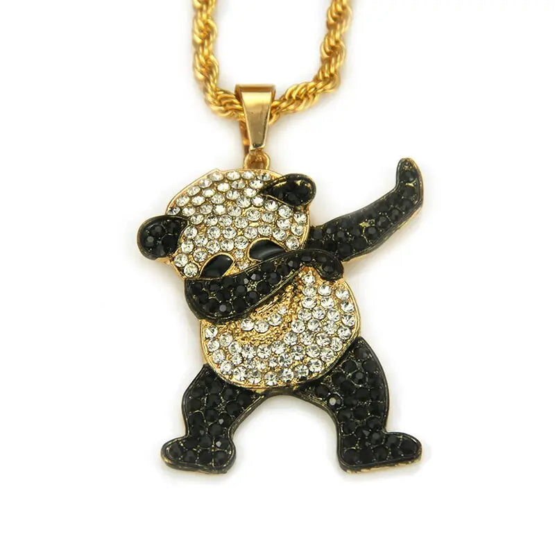 Rhinestone Luxury Hip Hop Dancing Animal Panda Pendant Iced out Rock Hip Hop Necklaces nowadaysfashion