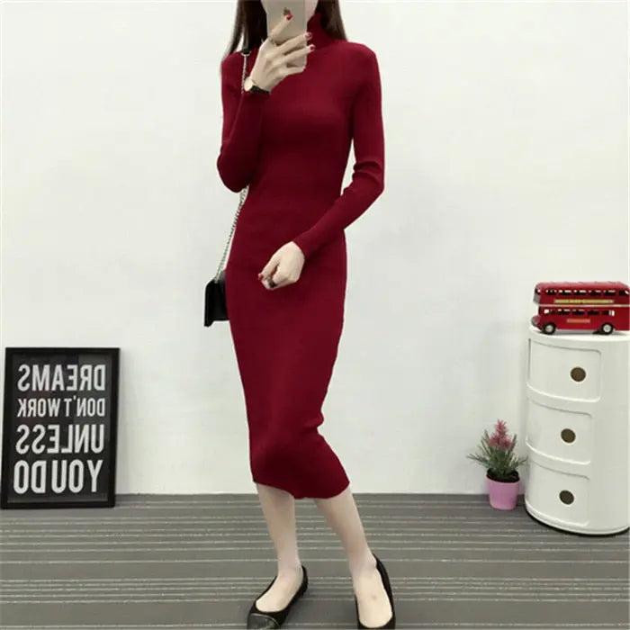 Women Knitted Dress Turtleneck Sweater Dresses Bodycon Long Sleeve Bottoming Dress Vestidos nowadaysfashion