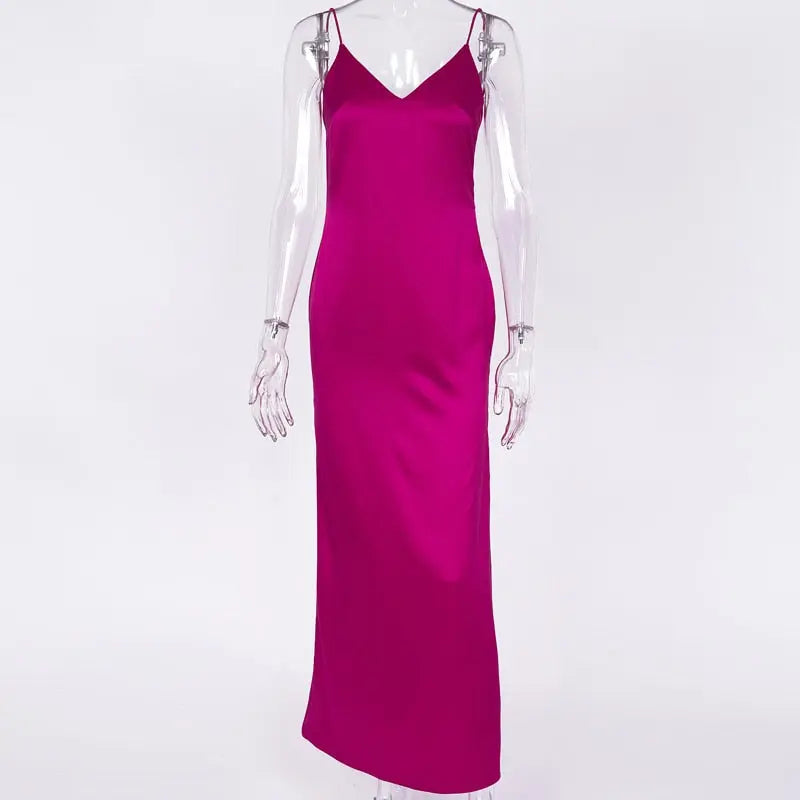 Satin V Neck Maxi Dress Women Spaghetti Strap Sleeveless Backless Side Split Long Dresses Lady Vestido nowadaysfashion