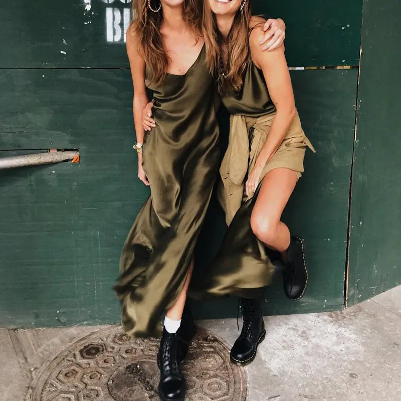 Satin V Neck Maxi Dress Women Spaghetti Strap Sleeveless Backless Side Split Long Dresses Lady Vestido nowadaysfashion