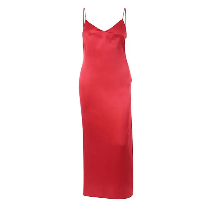Satin V Neck Maxi Dress Women Spaghetti Strap Sleeveless Backless Side Split Long Dresses Lady Vestido nowadaysfashion
