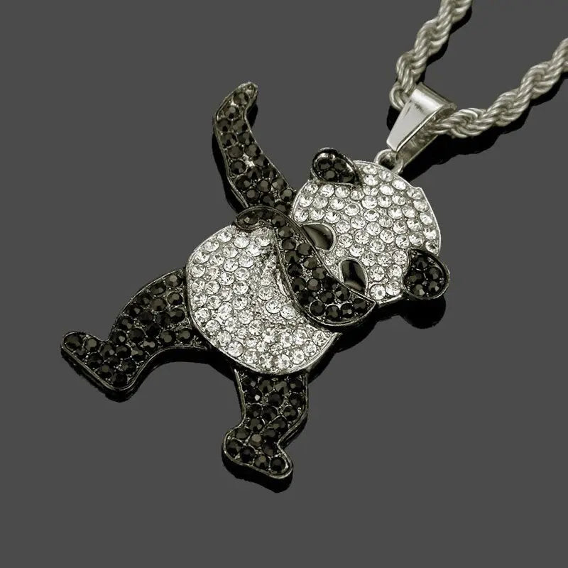 Rhinestone Luxury Hip Hop Dancing Animal Panda Pendant Iced out Rock Hip Hop Necklaces nowadaysfashion