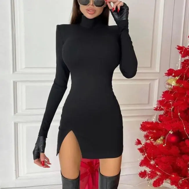 Women Spring Autumn Long Sleeve Bodycon Soild Color Black Slim Package Hip Mini Dress nowadaysfashion