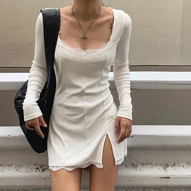 Square Neck Lace Patchwork Bodycon Black Dress Women Cotton Side Split Autumn Dress nowadaysfashion