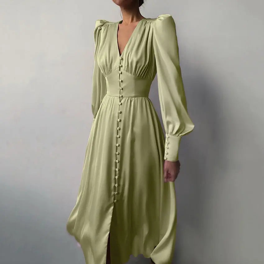 Single Breasted Dress High Waist Satin Long Dress V Neck Women Midi Dresses Lantern Sleeve nowadaysfashion