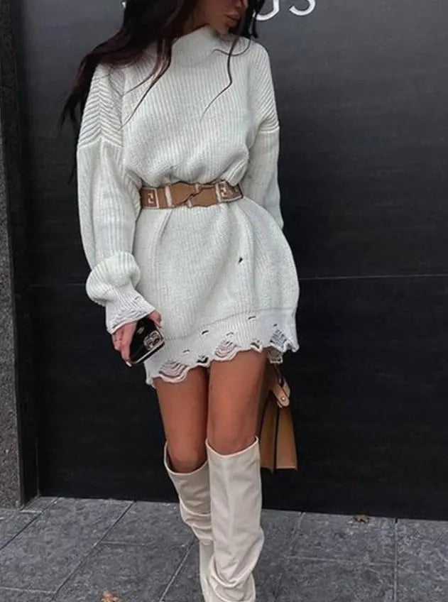 O Neck Oversized Mini Knitted Women Sweater Loose Dresses Autumn Winter Long Sleeve nowadaysfashion